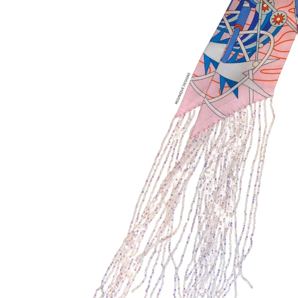 SeraBijoulet™ Handcrafted Silk Skinny Scarf with Beaded Fringe - Picture 5 of 7